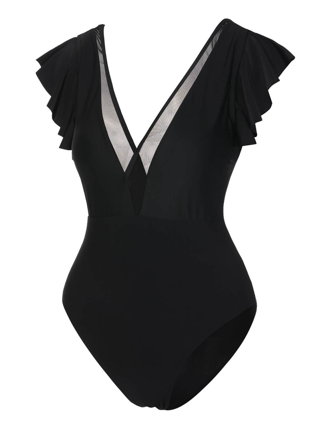 Black 1950s Solid Ruffle Sleeve One-Piece Swimsuit, vintage swimsuit, pin-up swimwear - perfect for women who love vintage and retro fashion