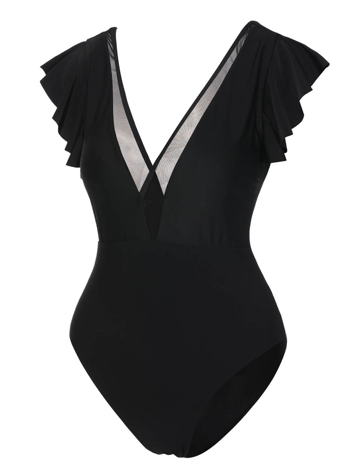 Black 1950s Solid Ruffle Sleeve One-Piece Swimsuit, vintage swimsuit, pin-up swimwear - perfect for women who love vintage and retro fashion