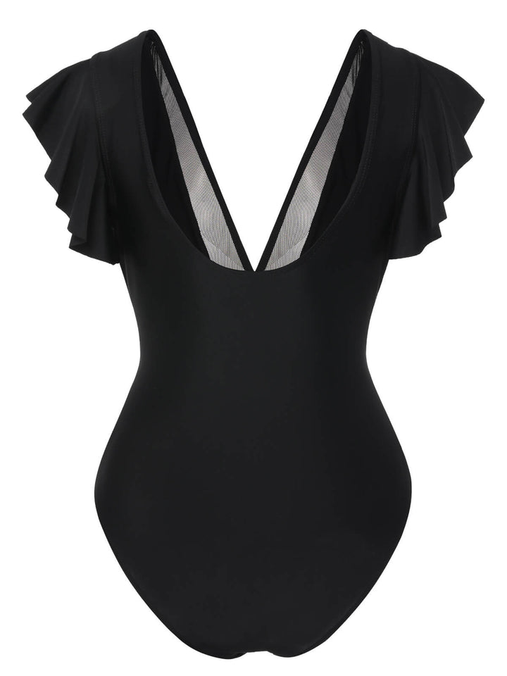 Black 1950s Solid Ruffle Sleeve One-Piece Swimsuit, vintage swimsuit, pin-up swimwear - perfect for women who love vintage and retro fashion