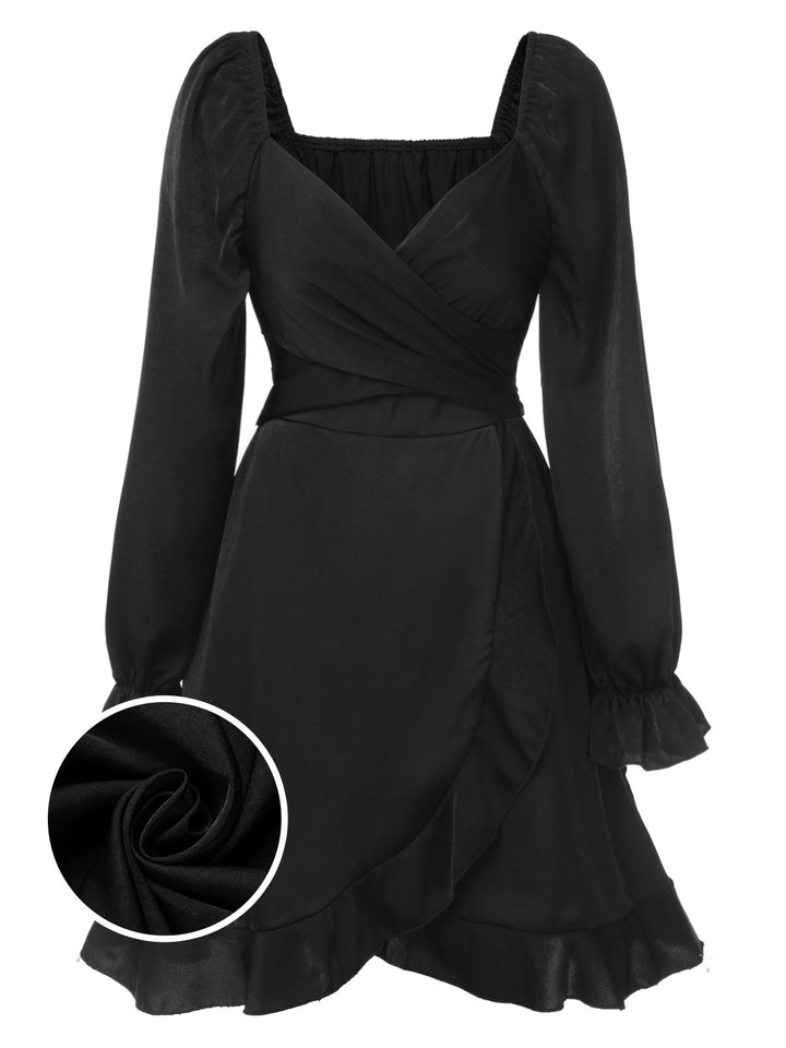 She slips into this Black 1950s Solid Ruffles V-Neck Dress and suddenly it&