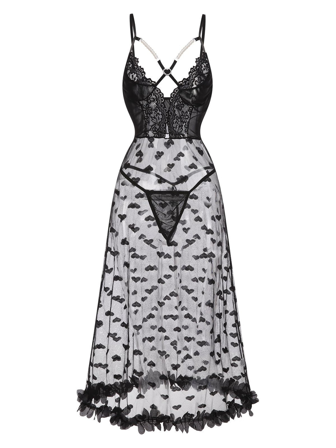 She slips into this Black Spaghetti Strap Heart Lace Nightgown and suddenly it&