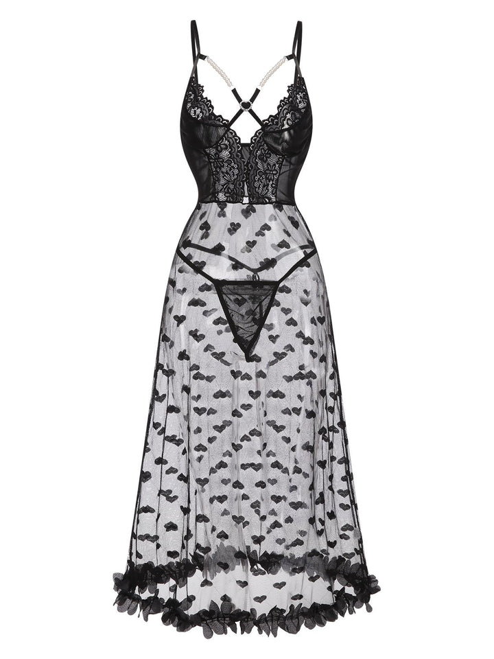 She slips into this Black Spaghetti Strap Heart Lace Nightgown and suddenly it&
