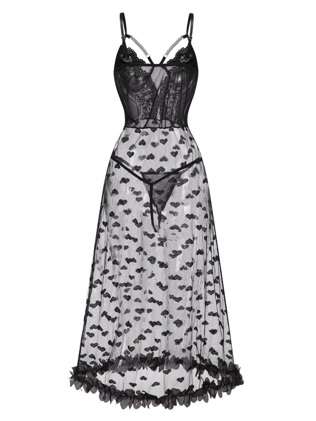 This Black Spaghetti Strap Heart Lace Nightgown wraps her in elegance, one twirl at a time