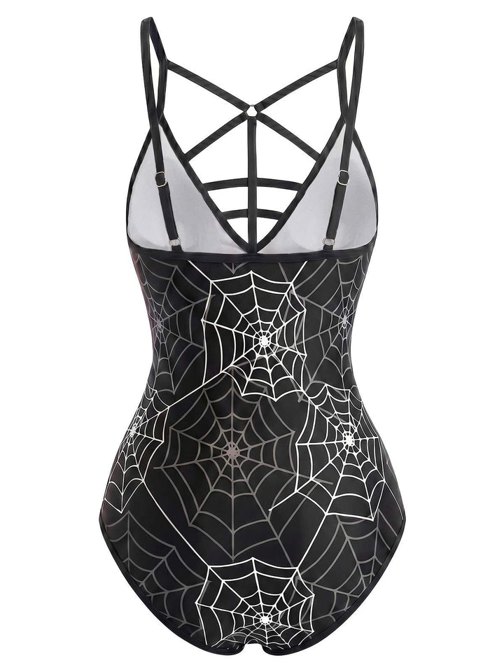 [Pre-Sale] Black Spider Web Print Gothic One-Piece Swimsuit, vintage swimsuit, swimwear - perfect for women who love vintage and retro fashion