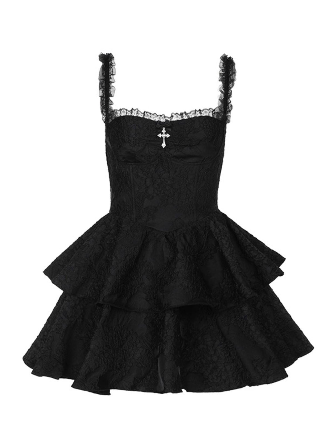 She slips into this Black 1950s Square Neck Lace Print Cross Bubble Dress and suddenly it&