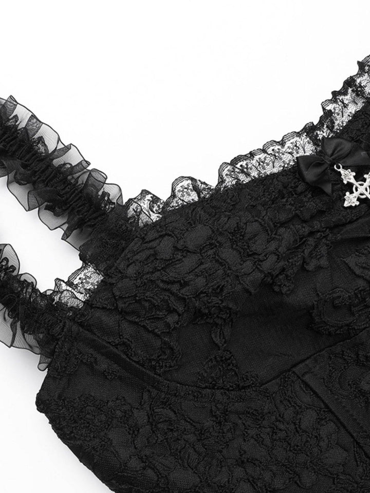 Black 1950s Square Neck Lace Print Cross Bubble Dress — a 1950s silhouette that turns sidewalks into runways