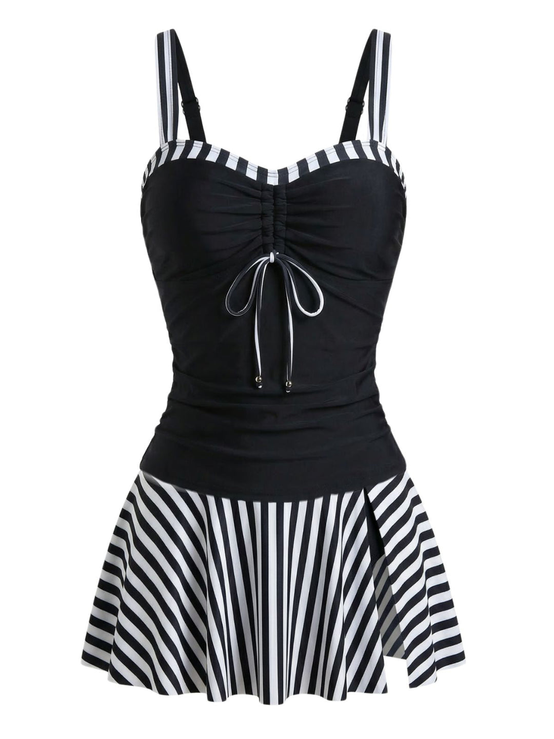 Black 1950s Striped Colorblock Ruched Tankini Set - vintage fashion, retro style, classic black