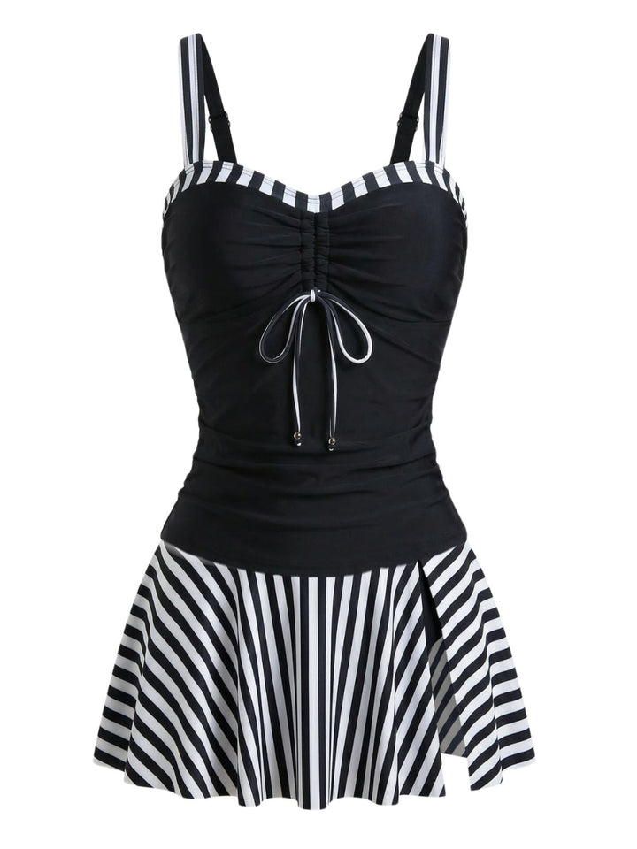 Black 1950s Striped Colorblock Ruched Tankini Set - vintage fashion, retro style, classic black
