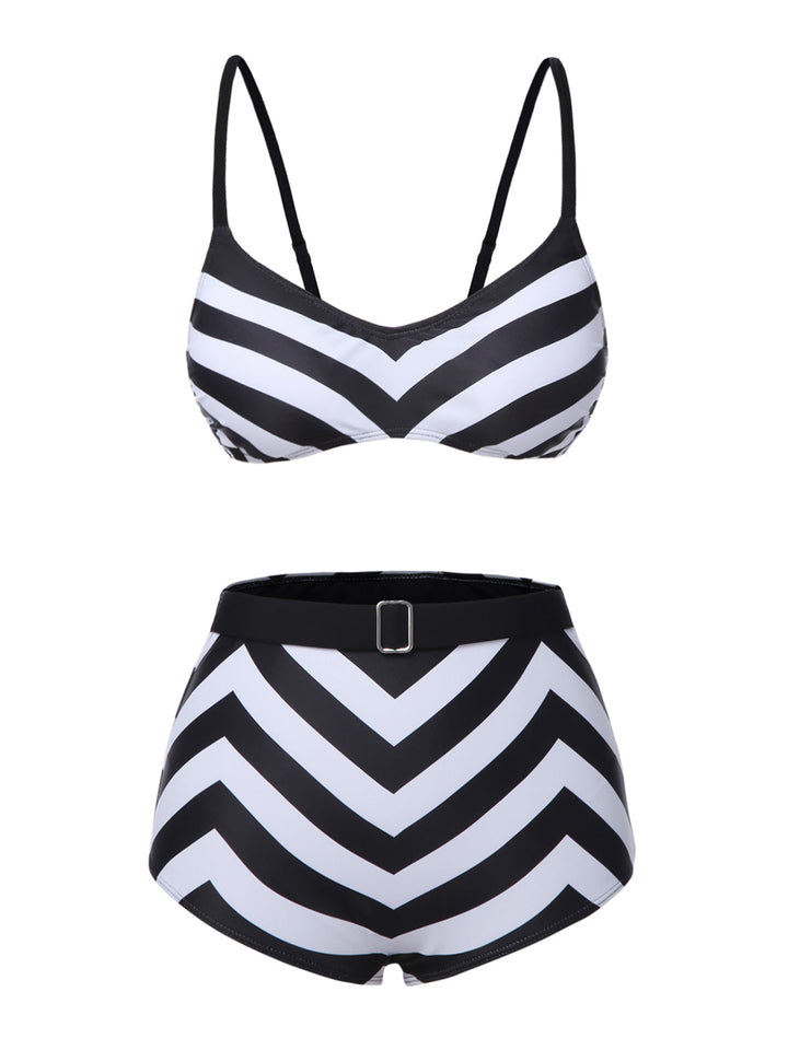 This Black 1950s Striped Spaghetti Strap Swimsuit carries 1950s vacation dreams in every stitch