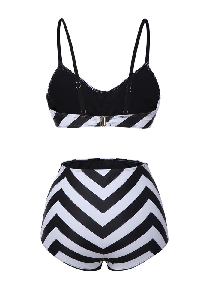 Black 1950s Striped Spaghetti Strap Swimsuit — 1950s poolside glamour meets sun-drenched confidence