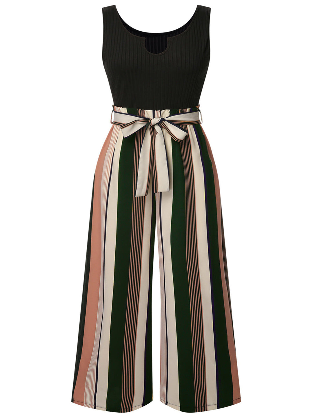 Black 1950s Stripes Knitted Belted Jumpsuit - vintage jumpsuit, retro fashion, classic black