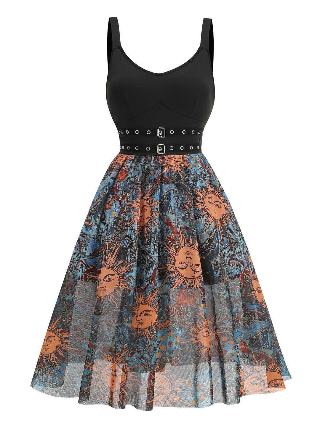 She slips into this Black 1950s Sun Face Print Sleeveless A-line Dress and suddenly it&