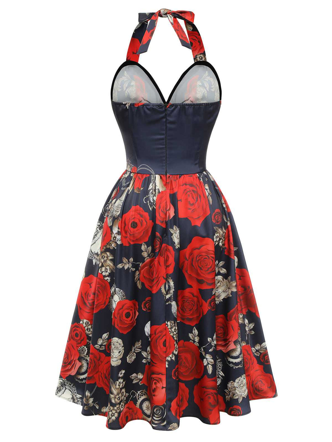 Black 1950s Sweetheart Skeleton Rose Swing Dress — vintage elegance for the modern woman