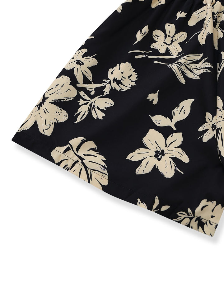 Black 1950s Tropical Botanical Print Square Neck Romper: beautiful vintage romper, retro jumpsuit, playful style with timeless appeal
