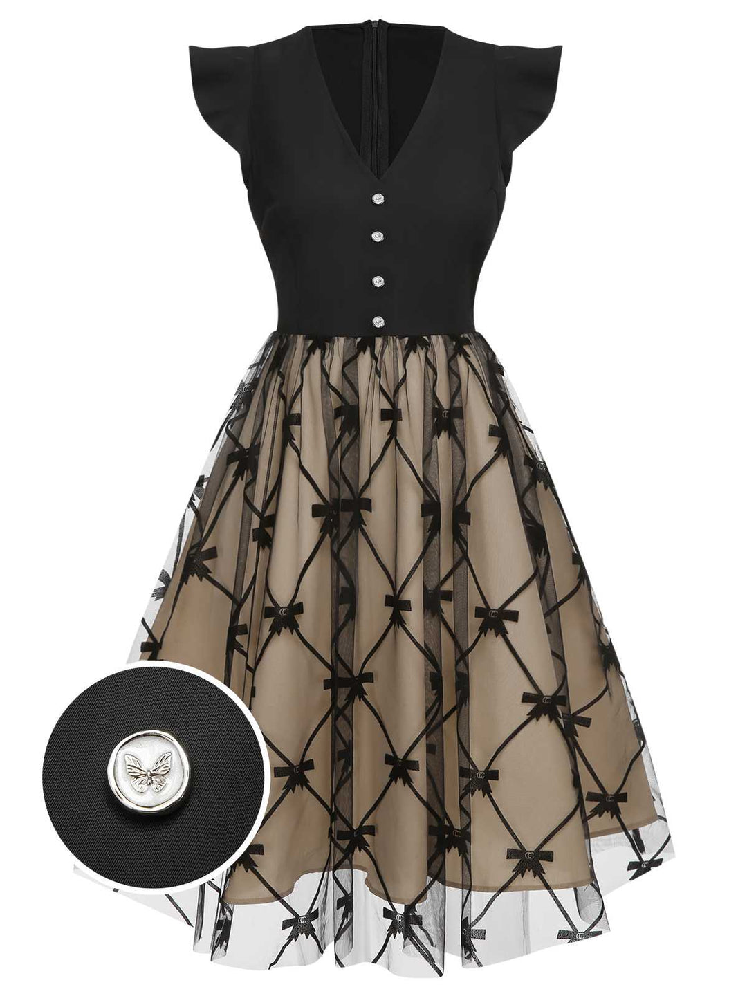 She slips into this Black 1950s V-Neck Bow Mesh Dress and suddenly it&