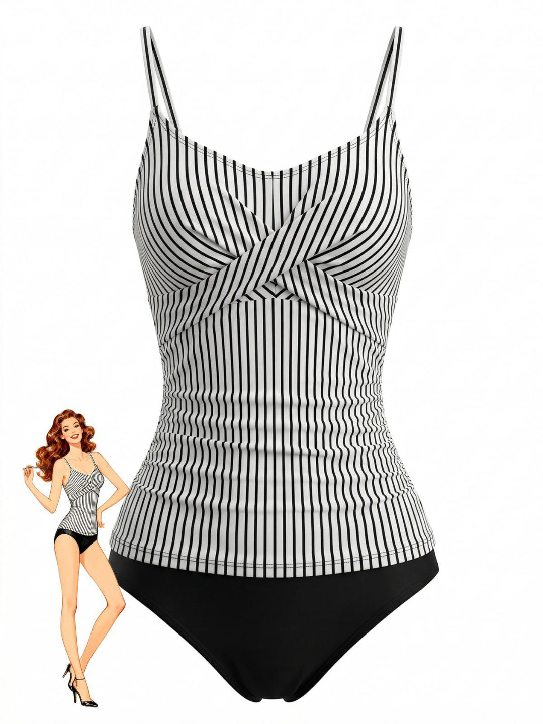 Black V-Neck Spaghetti Strap Striped Tankini