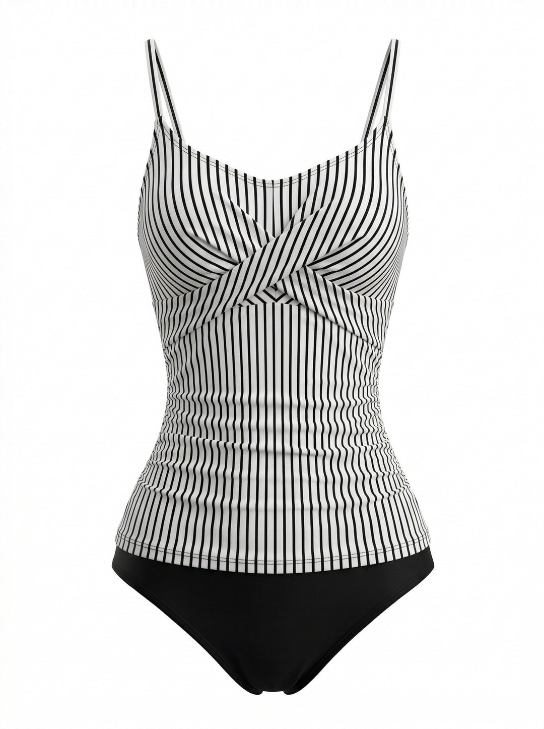 Black V-Neck Spaghetti Strap Striped Tankini 2