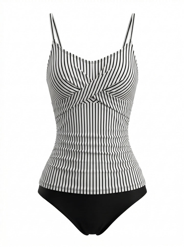 Black V-Neck Spaghetti Strap Striped Tankini 2