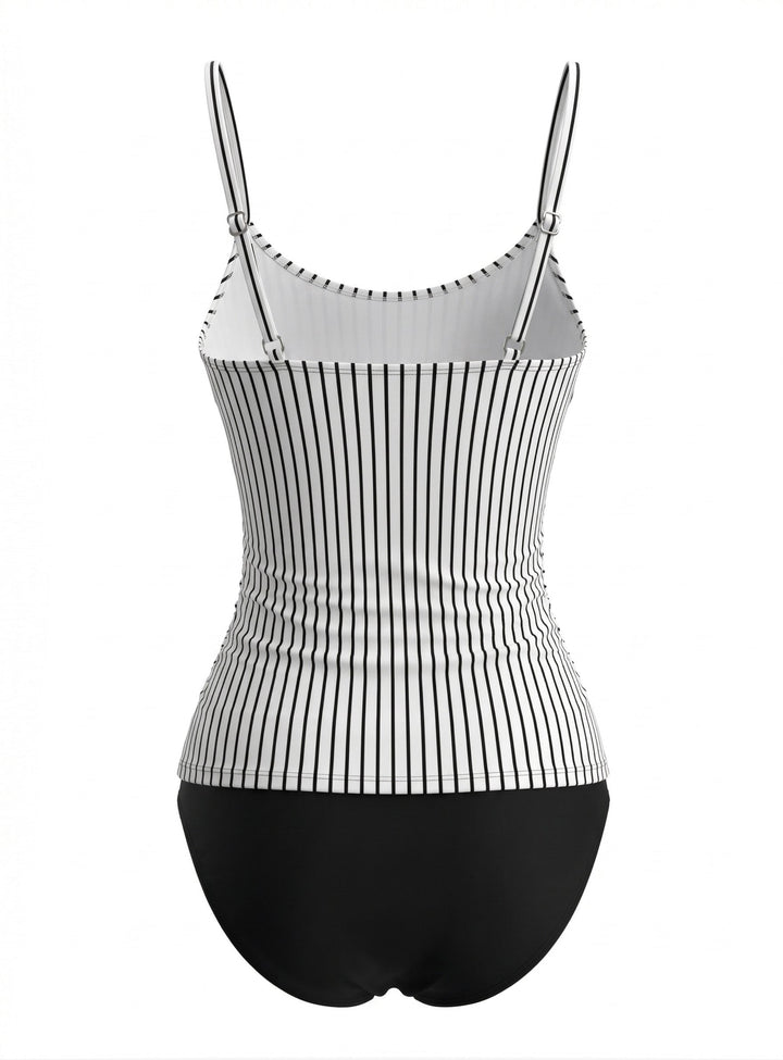 Black V-Neck Spaghetti Strap Striped Tankini 3