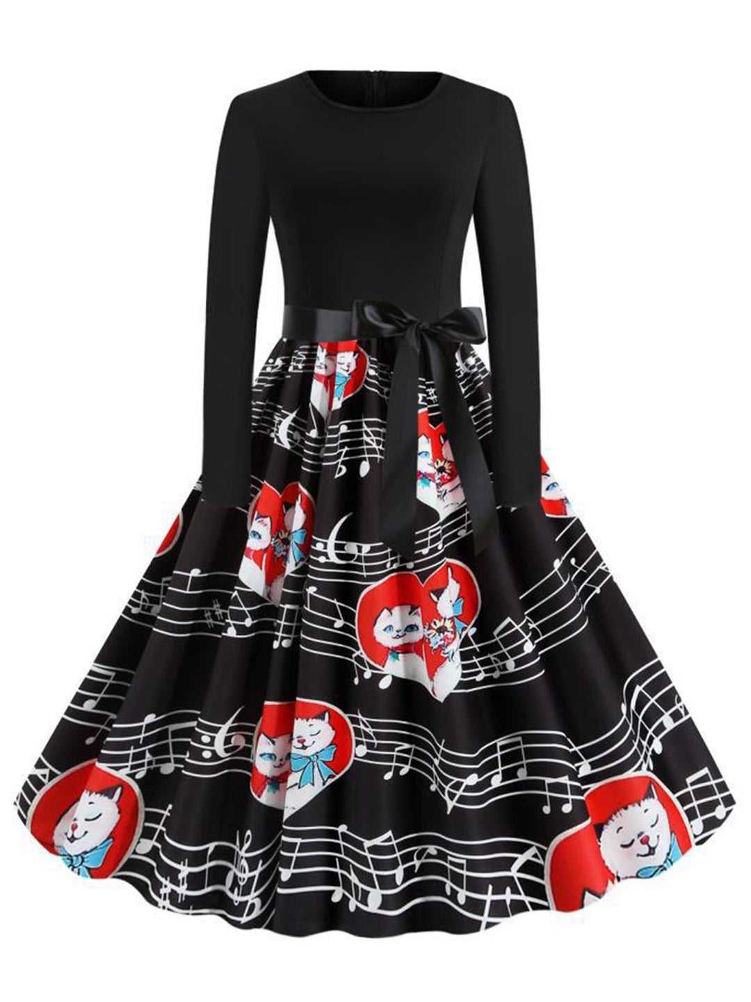 She slips into this Black 1950s Valentine Cats &amp; Music Note Patchwork Dress and suddenly it&