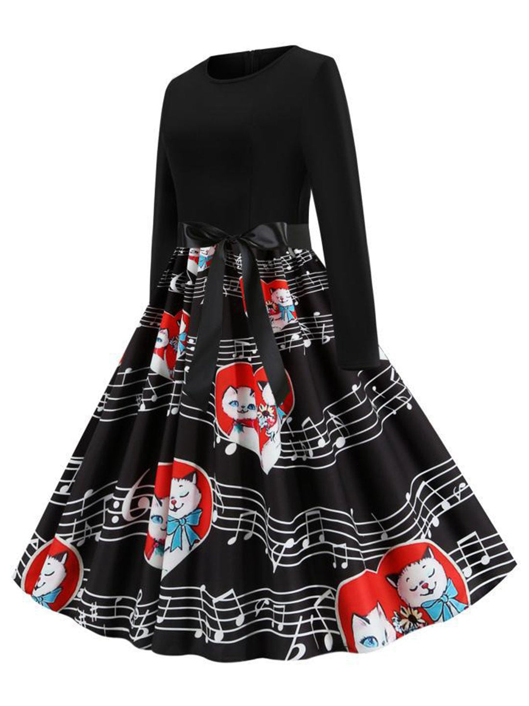 Black 1950s Valentine Cats &amp; Music Note Patchwork Dress: where 1950s romance meets her modern spirit