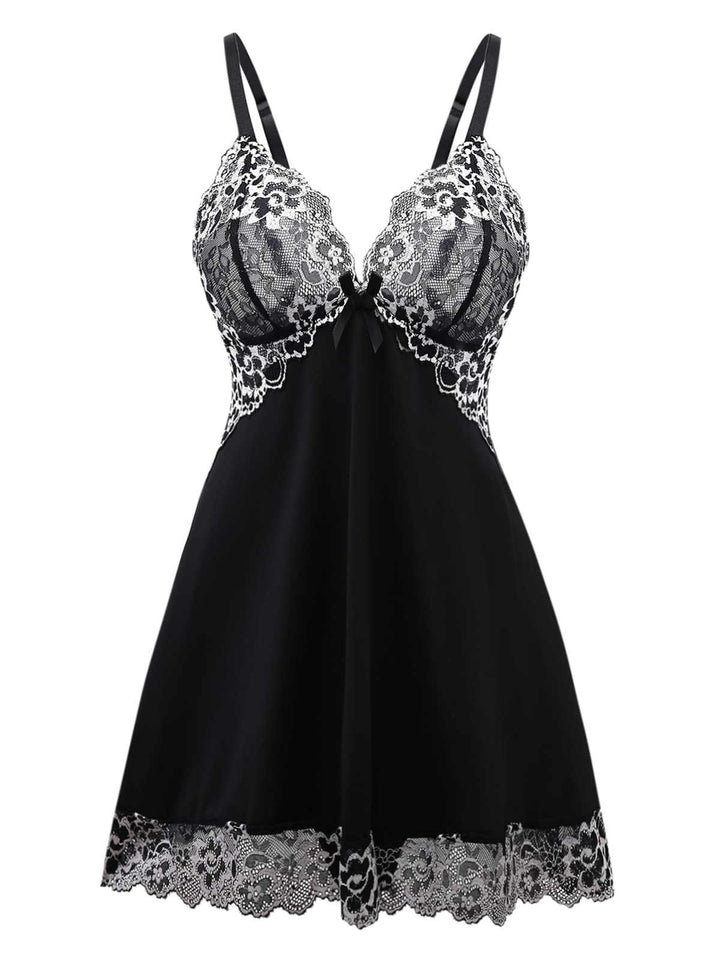 Black Velvet Lace Slip Nightgown - vintage nightgown, retro sleepwear, classic black