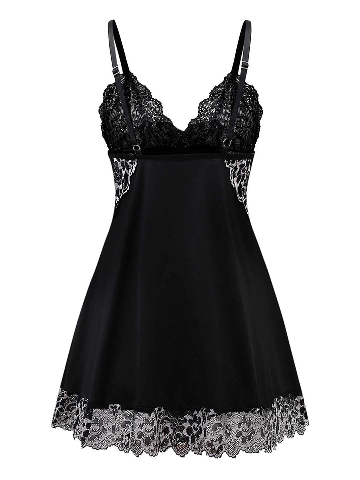 Black Velvet Lace Slip Nightgown - vintage nightgown, retro sleepwear, classic black