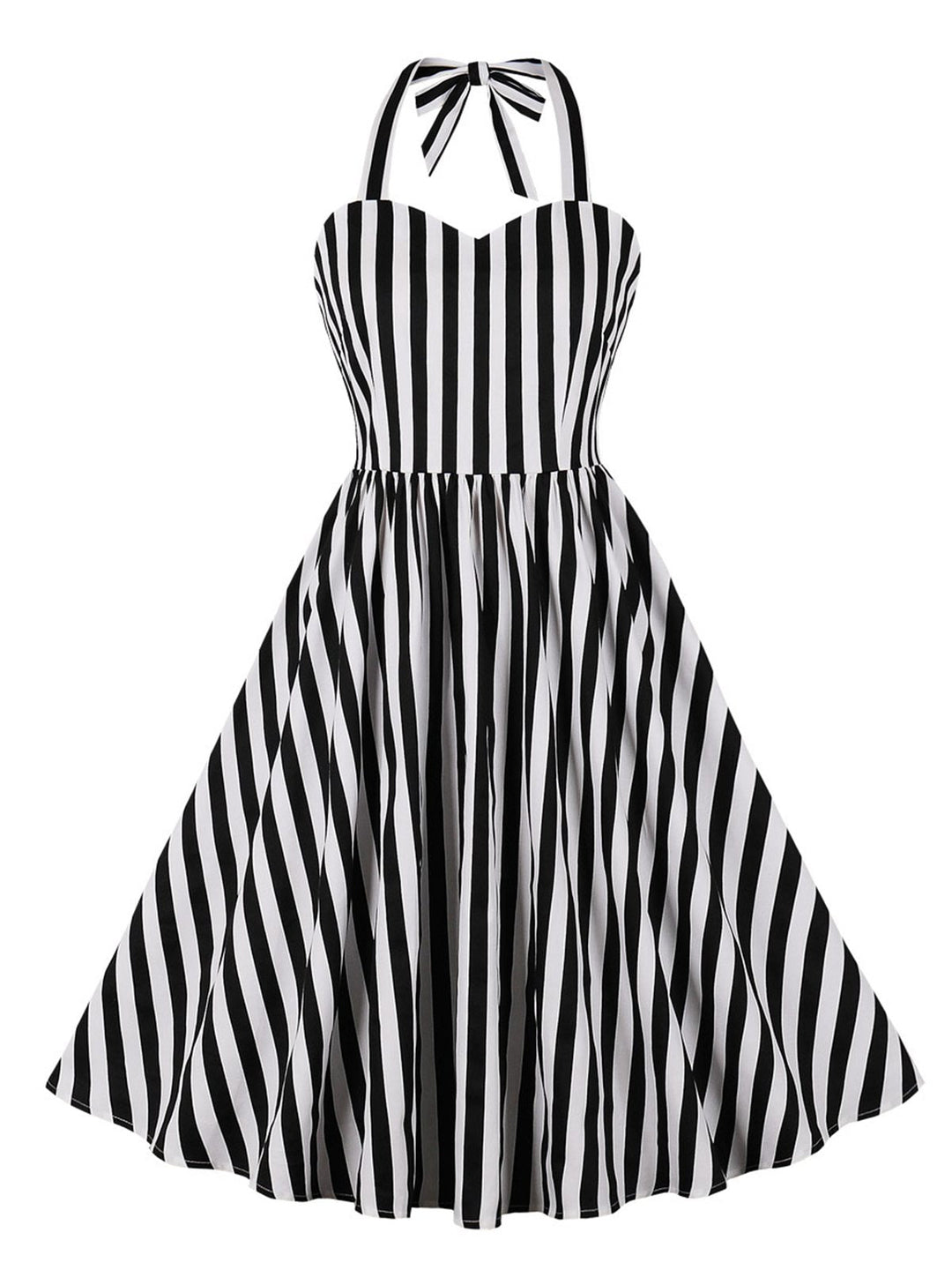 She slips into this Black 1950s Vertical Stripes Halter Dress and suddenly it&