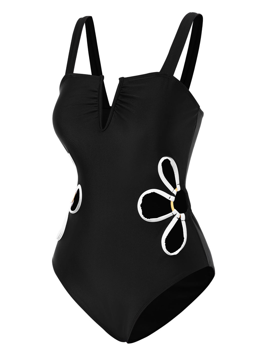 Black 1950s White Flower Hollow One-Piece Swimsuit, vintage swimsuit, pin-up swimwear - perfect for women who love vintage and retro fashion