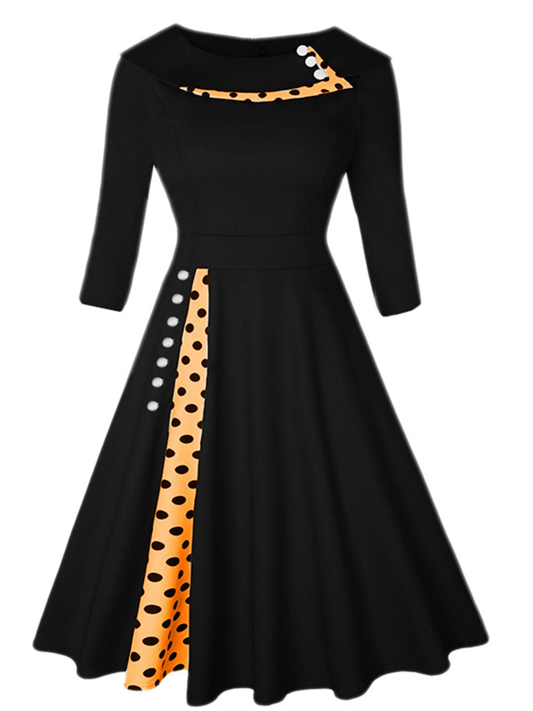 She slips into this Black 1950s Wide Lapel Polka Dots Patchwork Dress and suddenly it&
