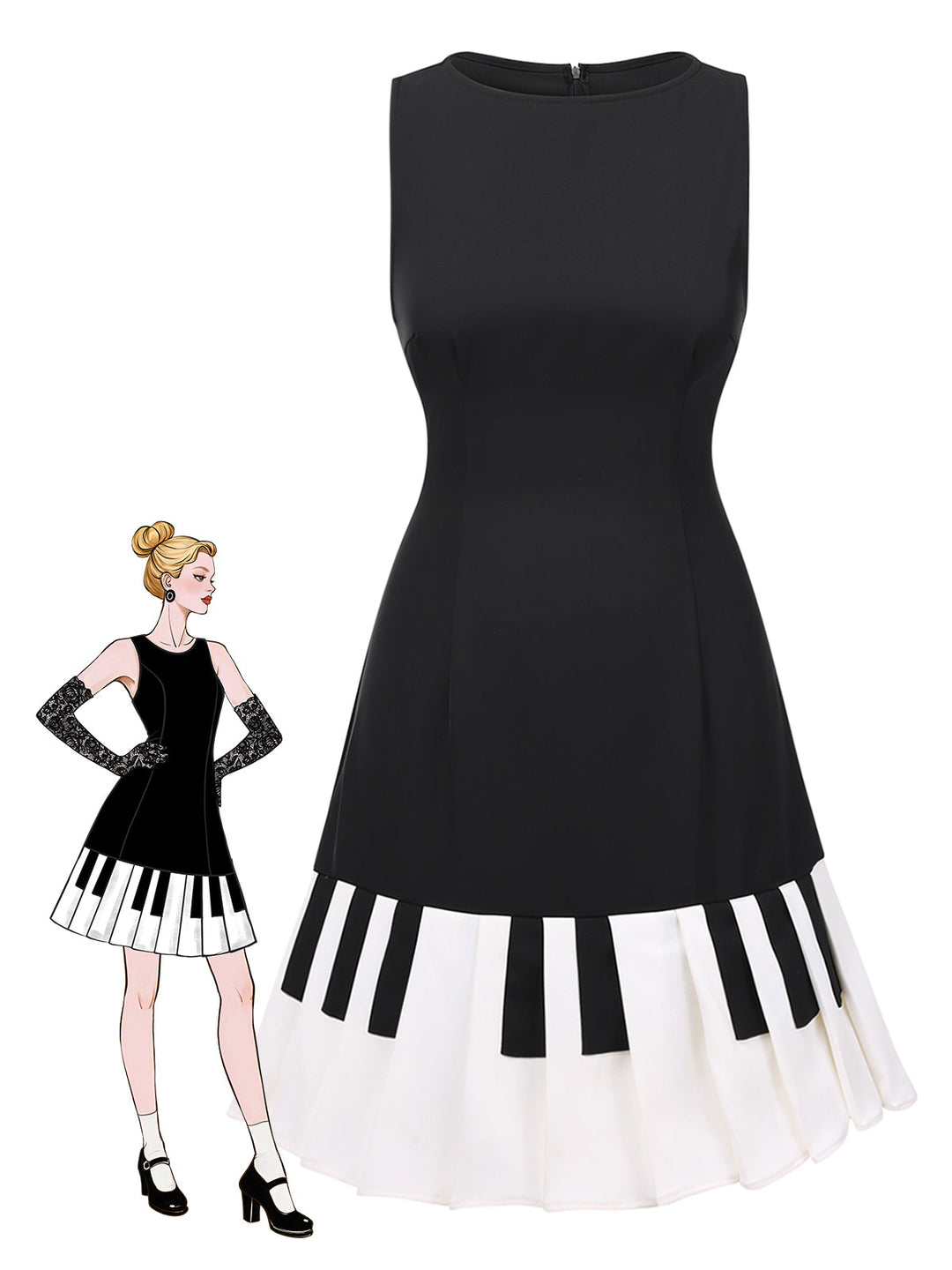 She slips into this Black 1960s Boat Neck Piano Key Patchwork Dress and suddenly it&