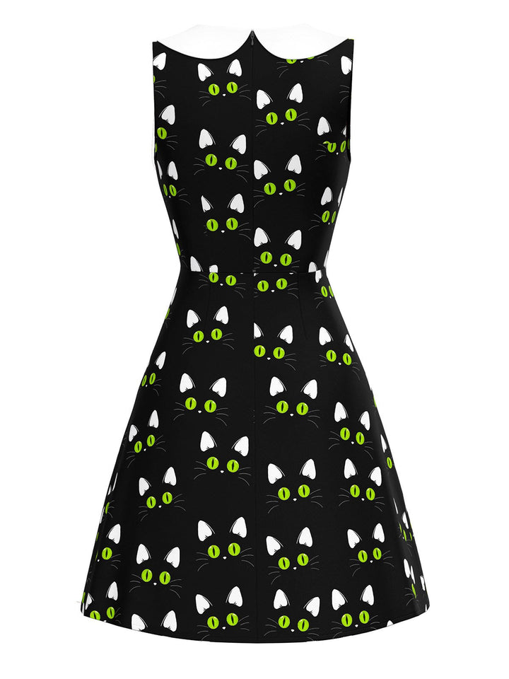Black 1960s Cat Print Paw Pockets Dress - vintage dress, retro fashion, classic black