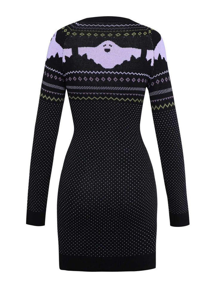 Black 1960s Dots Halloween Ghost Sweater Dress - vintage dress, retro fashion, classic black