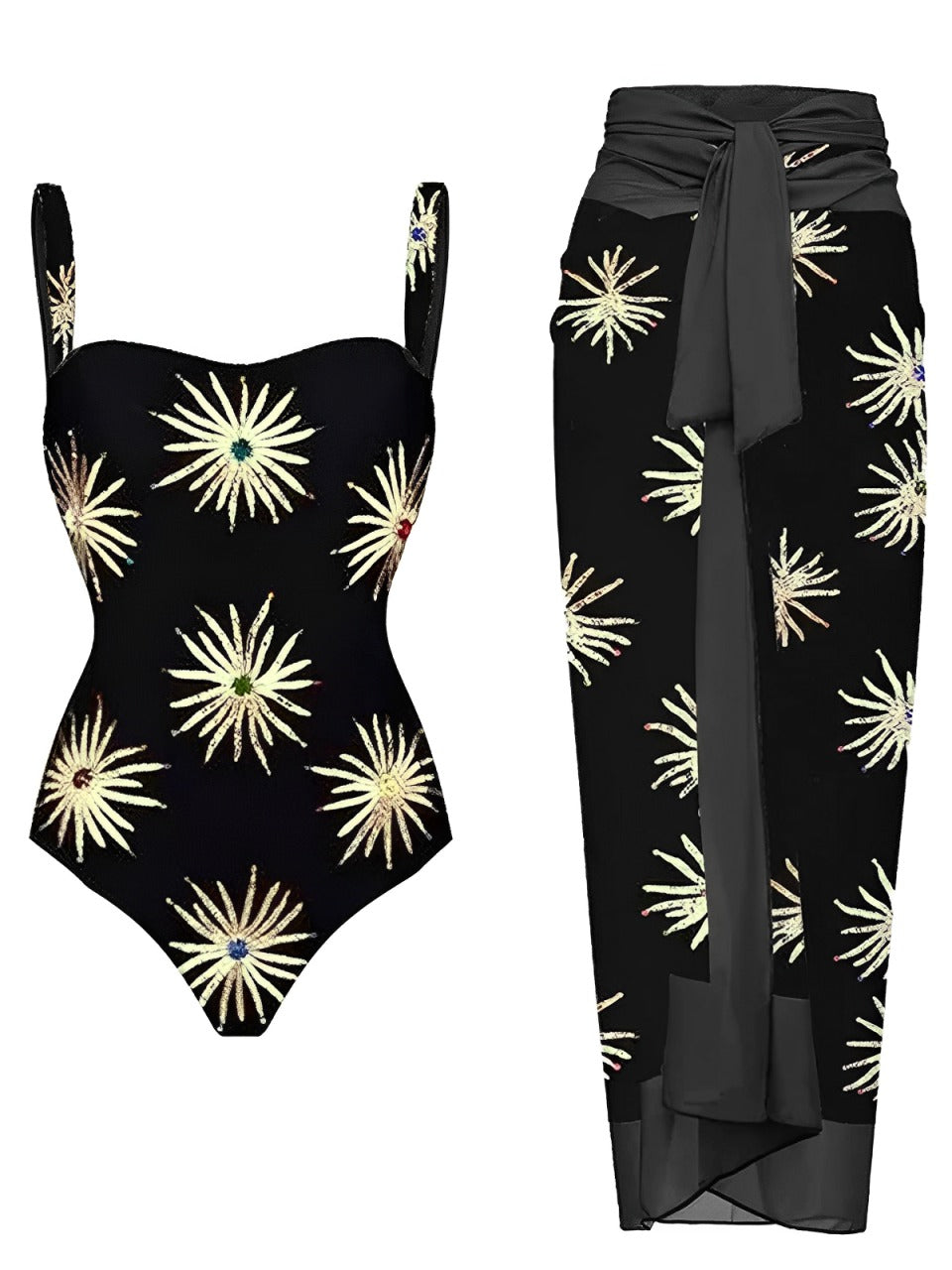 Black 1960s Firework Gilded One-Piece Swimsuit &amp; Cover-Up, vintage swimsuit, pin-up swimwear - perfect for women who love vintage and retro fashion
