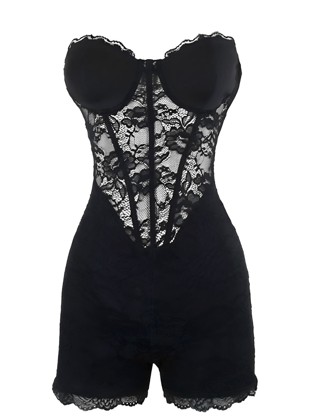 Black 1960s Floral Lace Bandeau Romper - vintage jumpsuit, retro fashion, classic black