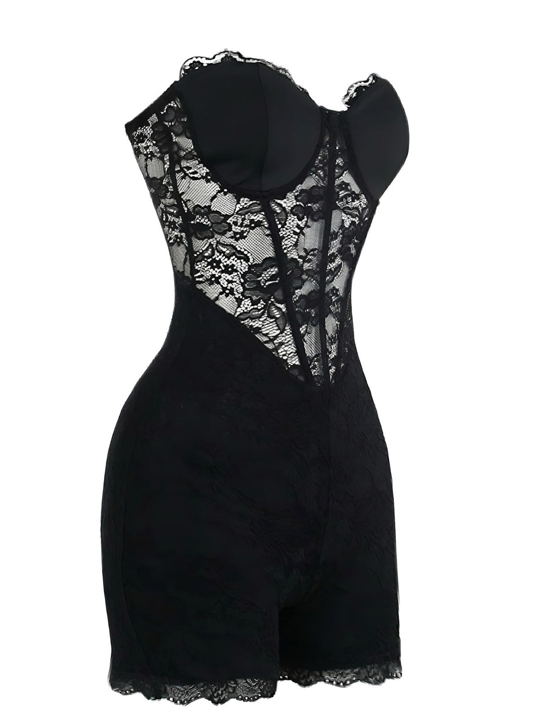 Black 1960s Floral Lace Bandeau Romper - vintage jumpsuit, retro fashion, classic black