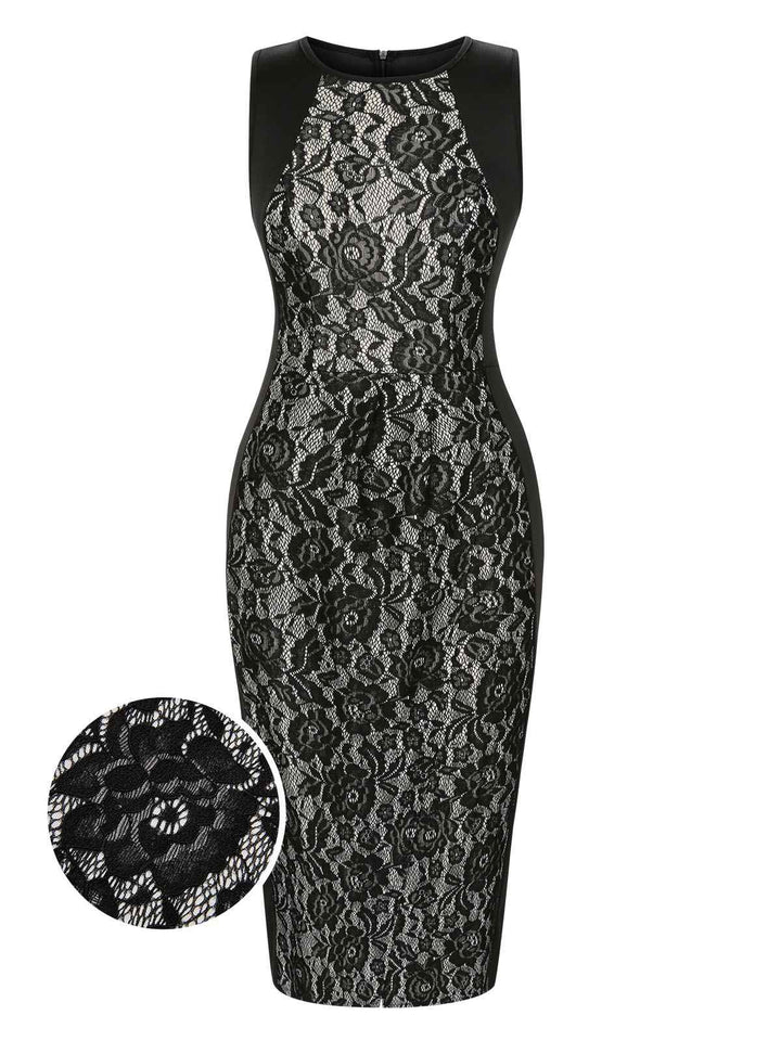 Black 1960s Floral Lace Slit Sleeveless Dress, vintage dress, retro fashion, floral print, lace detail - perfect for women who love vintage and retro fashion