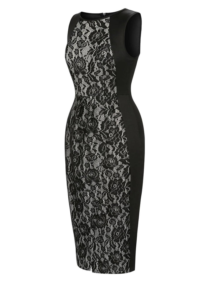 Black 1960s Floral Lace Slit Sleeveless Dress, vintage dress, retro fashion, floral print, lace detail - perfect for women who love vintage and retro fashion