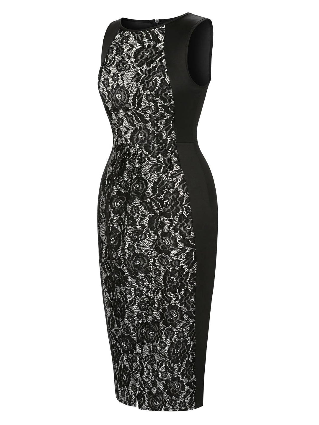 Black 1960s Floral Lace Slit Sleeveless Dress, vintage dress, retro fashion, floral print, lace detail - perfect for women who love vintage and retro fashion