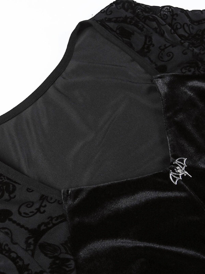 Black 1960s Gothic Flocked Dress - vintage dress, retro fashion, classic black