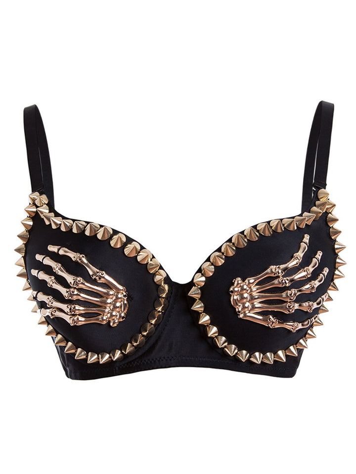 Black 1960s Gothic Punk Skeleton Hand Rivet Top - vintage fashion, retro style, classic black