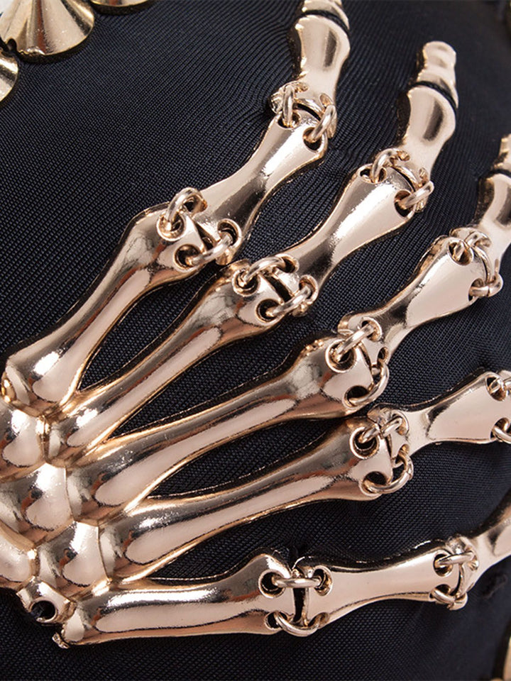 Black 1960s Gothic Punk Skeleton Hand Rivet Top - vintage fashion, retro style, classic black