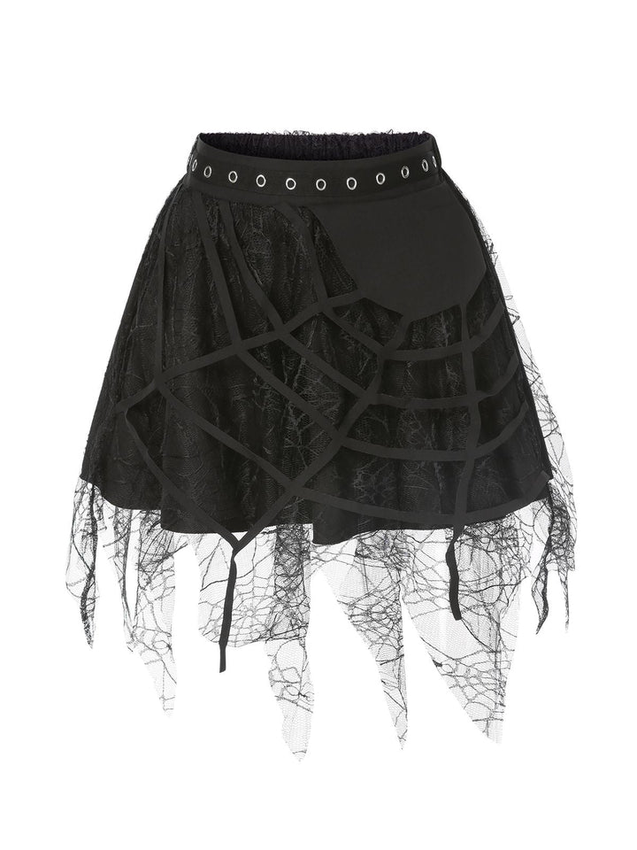 She sways in this Black 1960s Grommet Halloween Spider Web Lace Skirt and it&