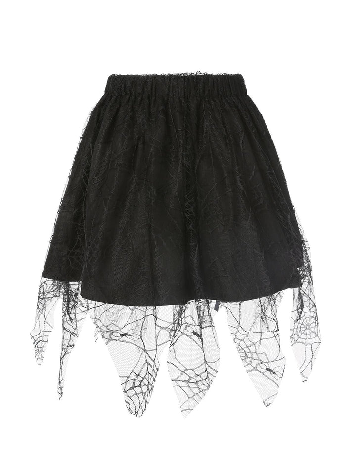 This Black 1960s Grommet Halloween Spider Web Lace Skirt spins 1960s stories with every step
