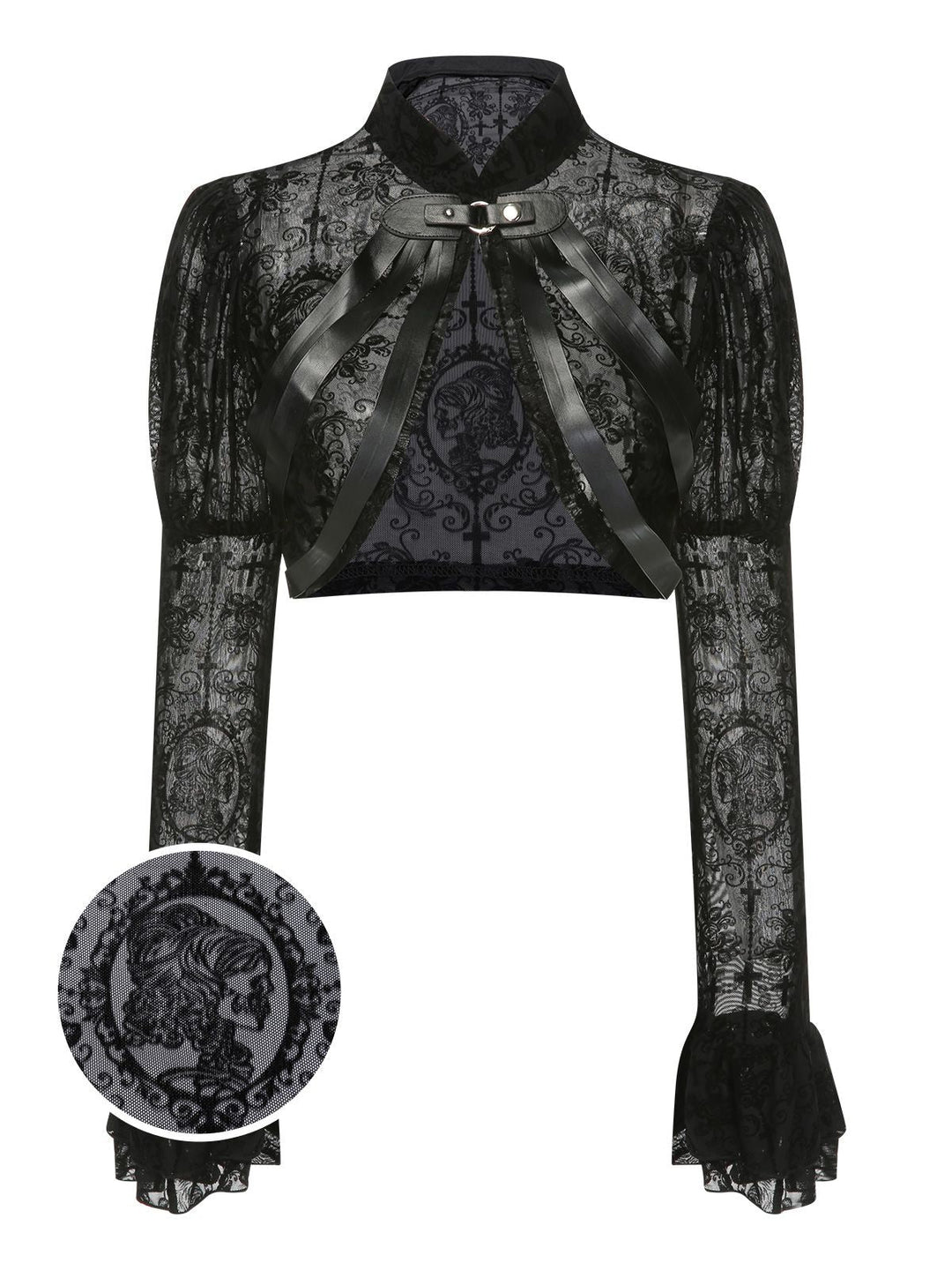 Black 1960s Halloween Lace Gothic Buckle Top - vintage fashion, retro style, classic black