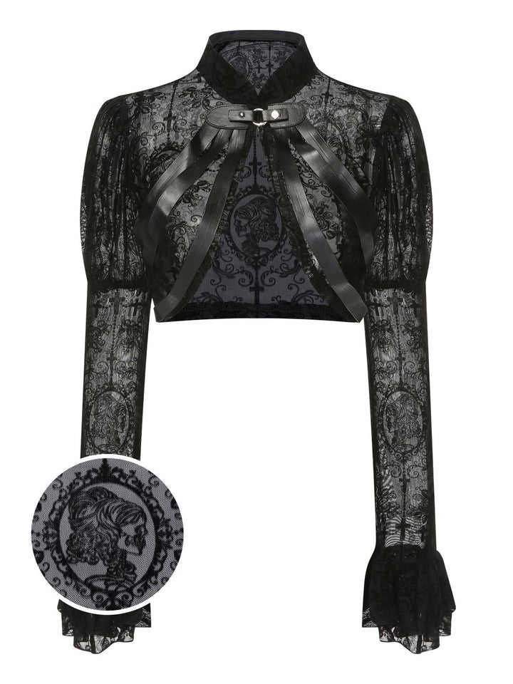 Black 1960s Halloween Lace Gothic Buckle Top - vintage fashion, retro style, classic black