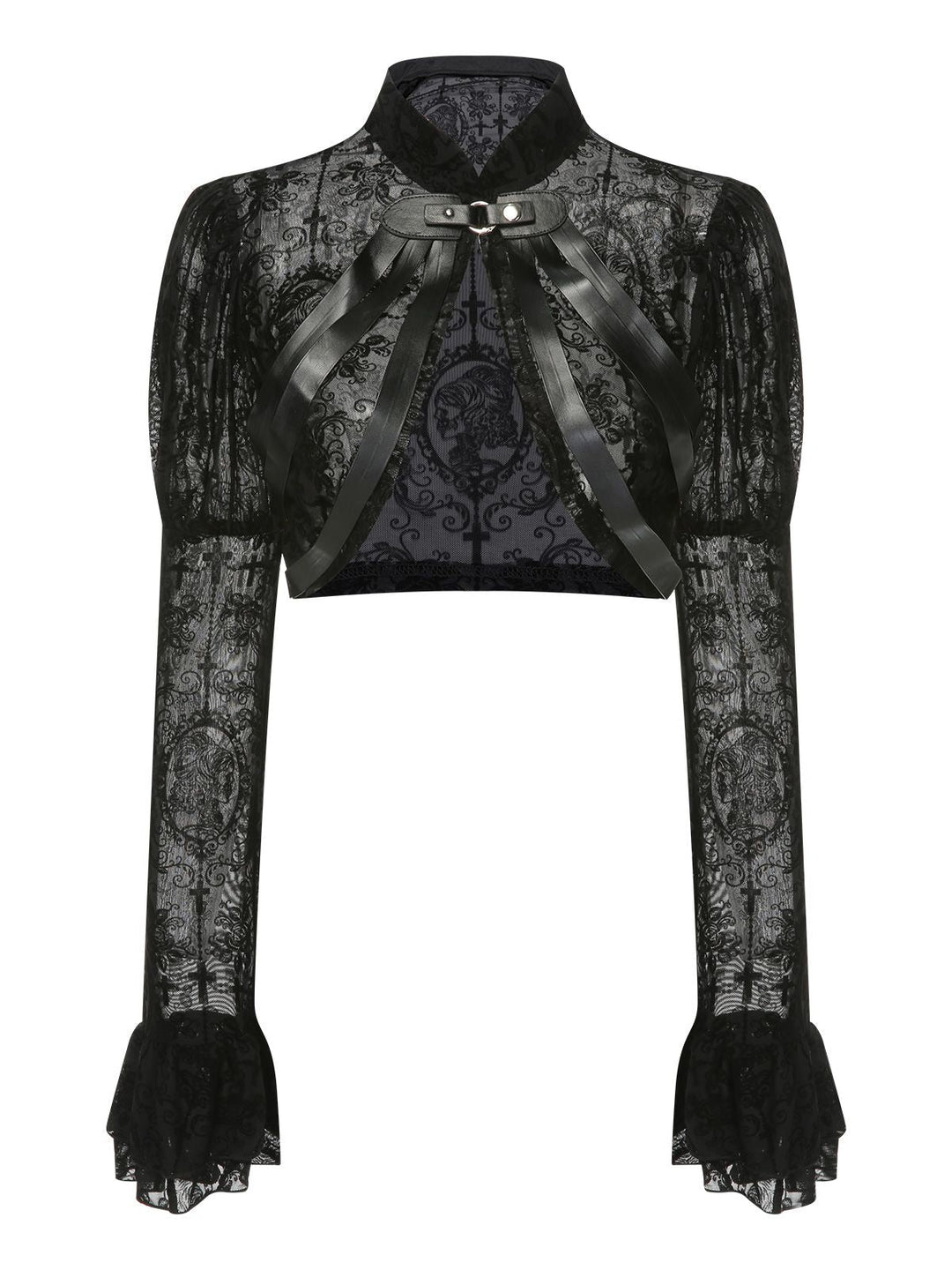 Black 1960s Halloween Lace Gothic Buckle Top - vintage fashion, retro style, classic black