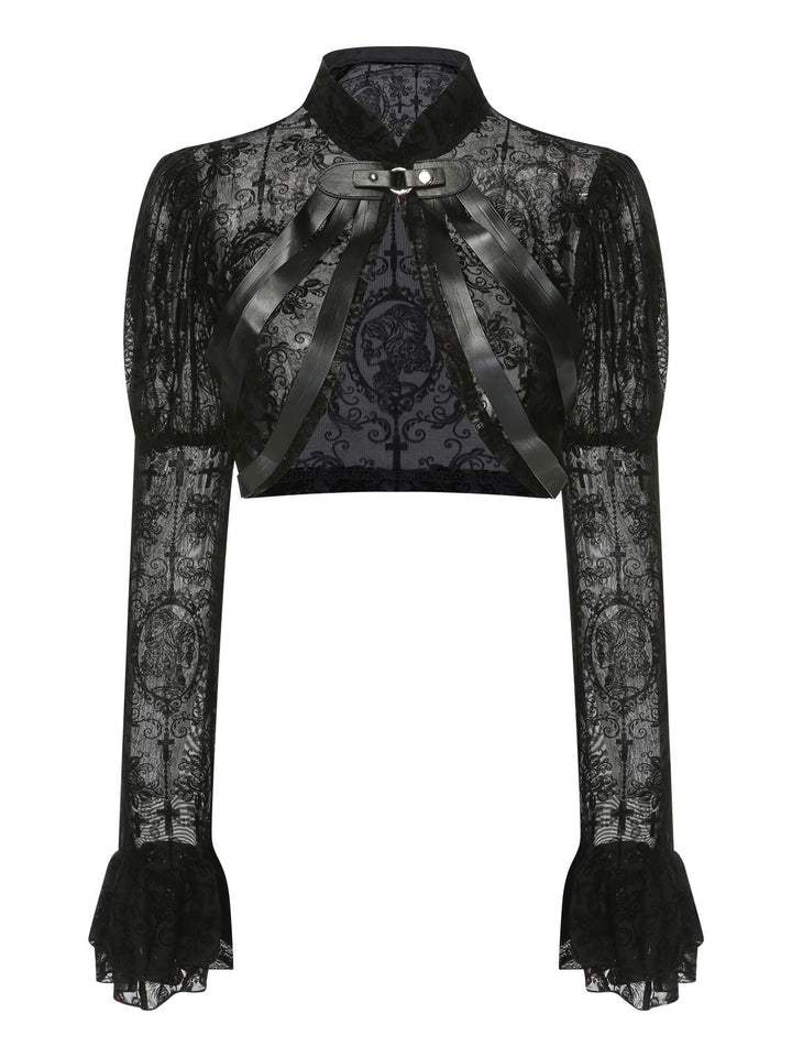 Black 1960s Halloween Lace Gothic Buckle Top - vintage fashion, retro style, classic black