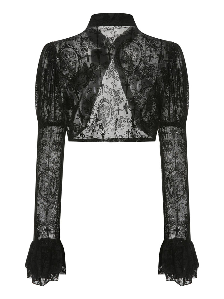 Black 1960s Halloween Lace Gothic Buckle Top - vintage fashion, retro style, classic black