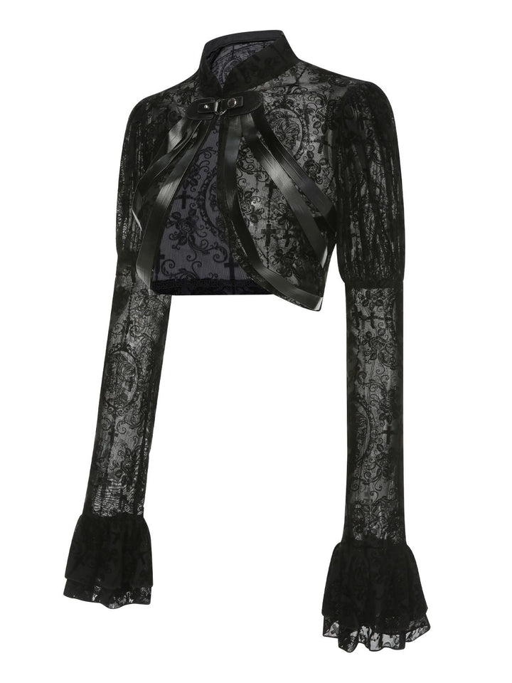 Black 1960s Halloween Lace Gothic Buckle Top - vintage fashion, retro style, classic black
